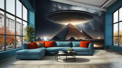 Flying saucer flying over pyramids of the, alien ship in the desert, digital illustration, AI

 Wall mural