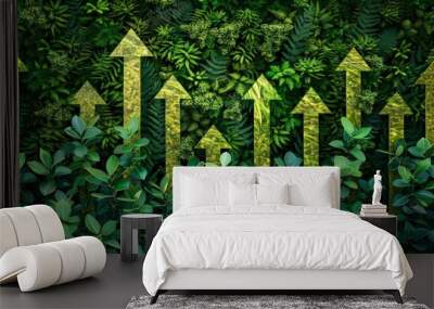 Green bar graph on background with foliage and vegetation, green arrows Wall mural