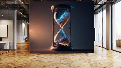 Hourglass with universe inside, galaxy inside hourglass, digital illustration, Generative AI Wall mural