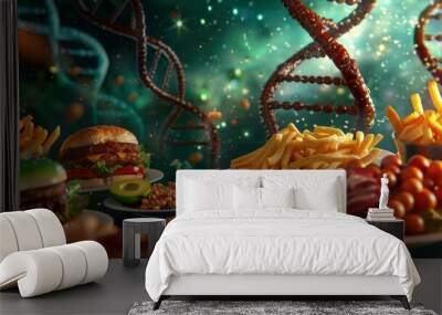 Intertwined DNA strands and different fast food items such as fries and burgers, with the background showing various dishes such as pizza and chicken wings on a dark green background Wall mural