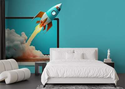 Laptop and rocket flying from the screen, blue background with space for text, startup concept, Generative AI Wall mural