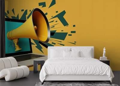 Laptop with megaphone on yellow background with copy space on the side, Generative AI
 Wall mural