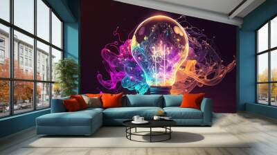 Light bulb with neon lights, abstract glowing background, digital illustration
 Wall mural