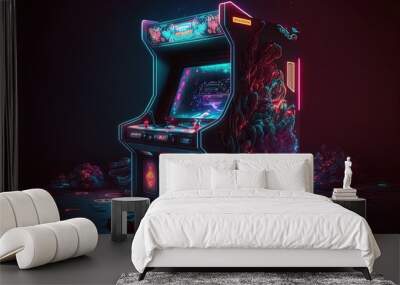 Neon lights arcade machine, abstract glowing background, digital illustration, Generative AI Wall mural