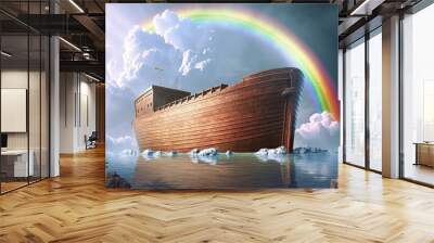 Noah's Ark in the water and rainbow in the background, Generative AI Wall mural