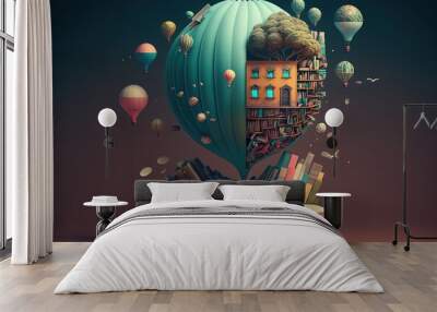 Open book coming out balloons, objects and abstract figures, fantasy book, Generative AI Wall mural