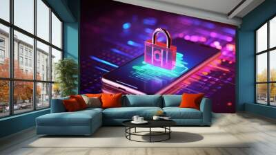 Padlock hologram on smartphone screen protecting business and financial data with innovation technology, Cyber ​​security and data protection concept, Generative AI Wall mural