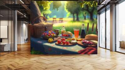 Picnic in park with garden and trees, Picnic table in park with trees, Generative AI Wall mural