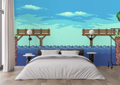 Pixel art arcade game scene with floating platform, river, bridge, trees, and clouds, 8bit background Wall mural