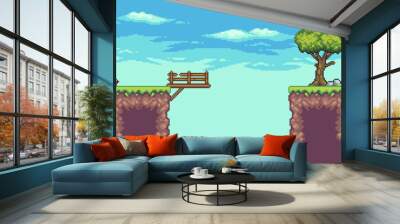 Pixel art arcade game scene with tree, bridge, fence, and clouds 8 bit vector background Wall mural