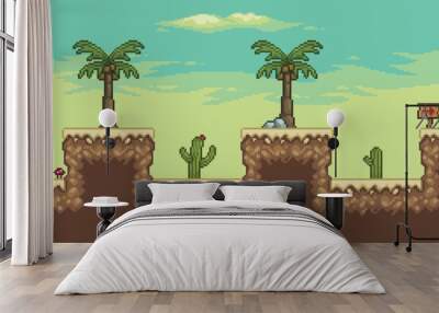 Pixel art desert game scene with palm tree, cactuses 8bit landscape background Wall mural