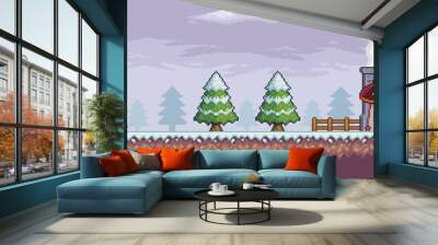 Pixel art game scene in snow with pine trees, house, fence and clouds 8bit backgroundt vector
 Wall mural