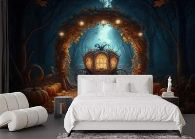 Pumpkin carriage on road in magic forest, Cinderella's pumpkin carriage, Generative AI Wall mural