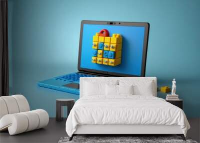 Puzzle toy laptop, puzzle laptop on blue background, Generative AI
 Wall mural