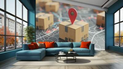 Red location pin floating above a package in a cardboard box above a road map Wall mural