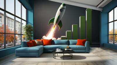 Rocket taking off and green bar graphs, successful startup concept, Generative AI Wall mural