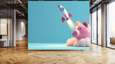 Rocket taking off and piggy bank on blue background with copy space, startup investment concept Wall mural