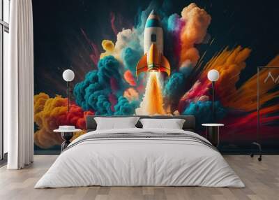 Rocket taking off and releasing abstract colorful smoke, Generative AI Wall mural