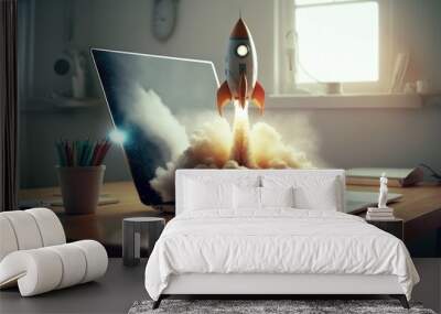 Rocket taking off from laptop screen on top of office desk, successful startup concept, Generative AI Wall mural