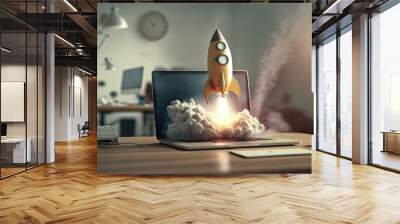 Rocket taking off from laptop screen on top of office desk, successful startup concept, Generative AI Wall mural