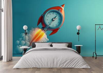 Rocket with stopwatch, startup fast growth concept, blue background, Digital illustration, Generative AI
 Wall mural