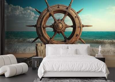 Ship steering wheel on the beach sand, ship's helm, Generative AI Wall mural