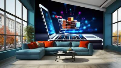 Shopping cart with products on top of laptop keyboard, concept of e-commerce integration and online marketing strategies, Generative AI Wall mural