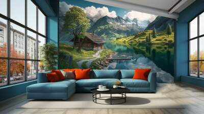 Swiss landscape with house, lake, mountains and pine trees, Switzerland summer landscape background, Generative AI
 Wall mural