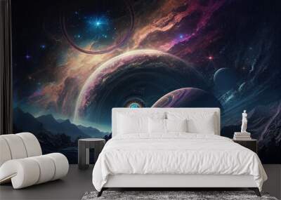 Captivating Alien Planet with Mysterious Landscapes and Extraterrestrial Life: A Fascinating Space Wallpaper Banner Background Wall mural