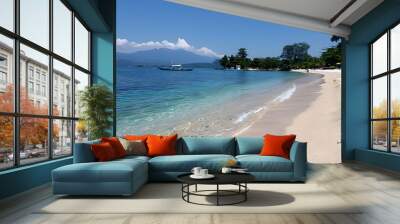 Paradise beach, sandbar, emerald sea and blue sky, coconut trees, trees and mountains Wall mural