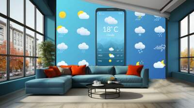 Meteorology. Smartphone with weather forecast. Set of flat style icons Wall mural