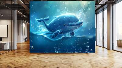 Blue Dolphin Illustration with Bubbles and Water Wall mural