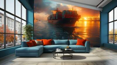 Cargo Ship Sailing at Sunset - Realistic Image Wall mural