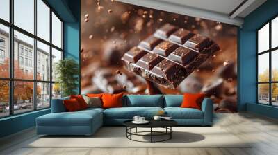 Chocolate Bar Falling into Melted Chocolate -  Realistic Image Wall mural