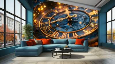 Closeup of a Golden Clock Face with Roman Numerals and Golden Sparkles - 3d Illustration Wall mural