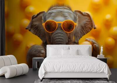 Cute Elephant Wearing Sunglasses and Holding an Orange - Realistic Image Wall mural