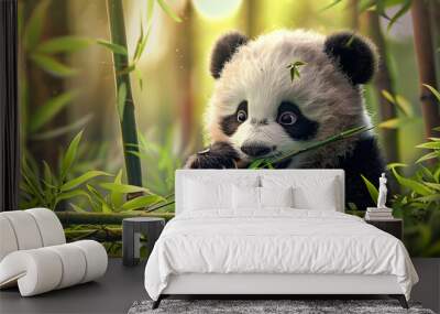 Cute Panda Cub Eating Bamboo Illustration Wall mural