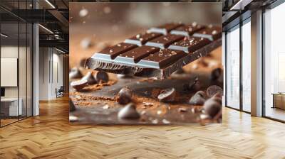 Dark Chocolate Bar with Chocolate Chips and Cocoa Powder - Realistic Image Wall mural