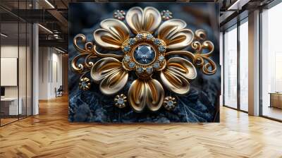 Golden Flower Brooch with Diamond Center - 3D Illustration Wall mural