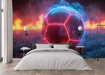 Neon Glow Soccer Ball in Smoke 3D Illustration Wall mural