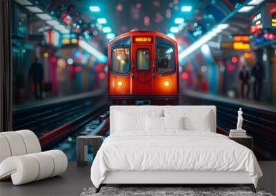 Red Train Arriving at Station at Night - 3D Illustration Wall mural