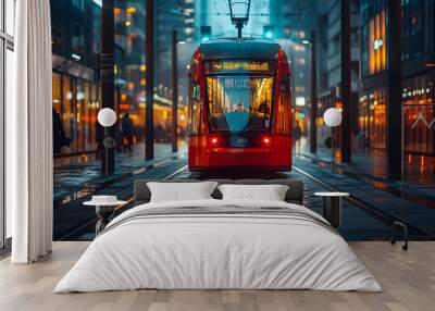 Red Tram on Wet Street at Night Illustration Wall mural