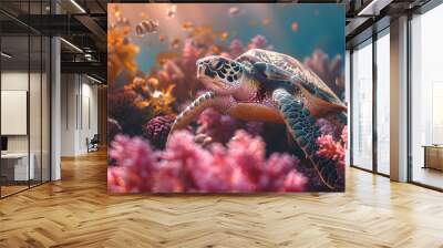 Sea Turtle Swimming Through Coral Reef - Illustration Wall mural