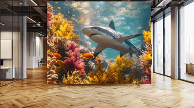 Underwater Shark with Colorful Coral Reef - Realistic Image Wall mural