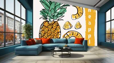 Pineapple line art and color hand-drawn vector illustration. Rough crayon strokes doodle in an expressive loose coloring book style Wall mural