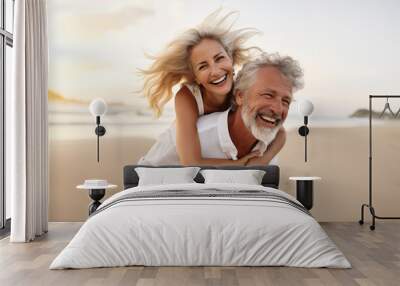 AI generated image of happy mature senior couple on the beach piggyback Wall mural