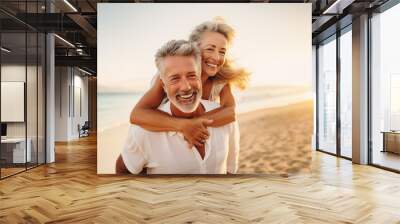 AI generated image of happy mature senior couple on the beach piggyback Wall mural