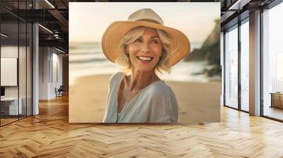 AI generated image of happy mature woman at the beach Wall mural