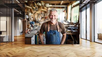 AI generated image of male carpenter in wood shop Wall mural