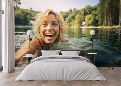 AI generated image of mature happy woman swim in the lake Wall mural